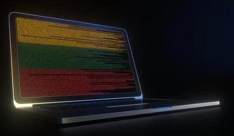 Flag of Lithuania made with computer code on the laptop screen. Hacking or Stock Illustration