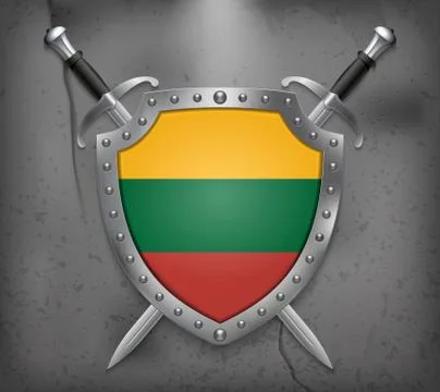 Flag of Lithuania. The Shield with National Flag. Two Crossed Swords. Medieva Stock Illustration