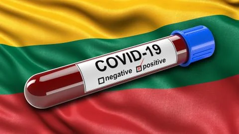 Flag of Lithuania waving in the wind with a positive Covid-19 blood test tube イラスト素材