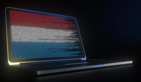 Flag of Luxembourg made with computer code on the laptop screen. Hacking or 库存插图