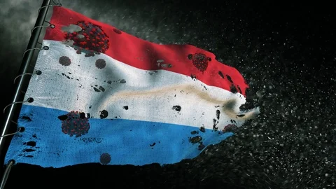 The flag of Luxembourg is torn and marked with the virus of covid-19 . 動画素材 127198214