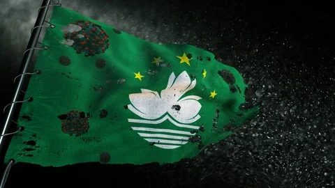 The flag of Macao is torn and marked with the virus of covid-19 . 動画素材 127198213