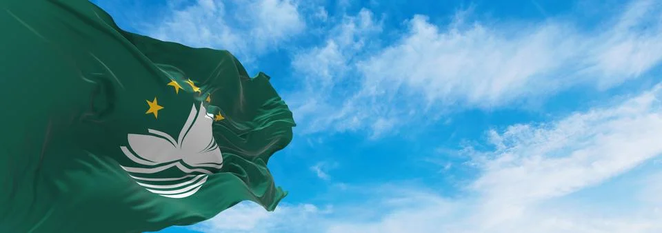 Flag of Macau at cloudy sky background on sunset, panoramic view. People's Re Stock Illustration