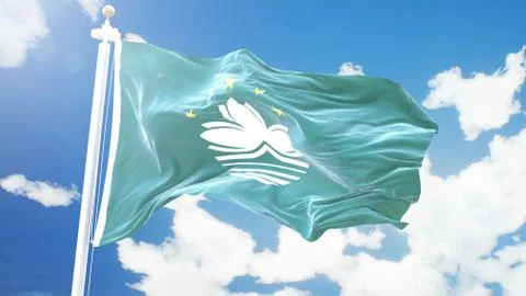 Flag of Macau waving against time-lapse clouds background. Illustrazione stock