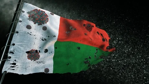 The flag of Madagascar is torn and marked with the virus of covid-19 . Vídeo Stock 127198216