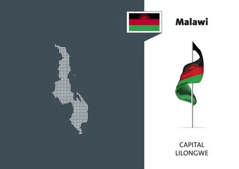 Flag of Malawi on white background. Dotted map of Malawi Stock Illustration