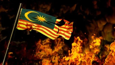 Flag of Malaysia on burning fire backdrop - hard times concept Stock Illustration