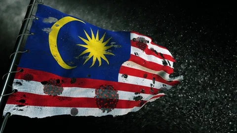 The flag of Malaysia is torn and marked with the virus of covid-19 . 動画素材 127198300