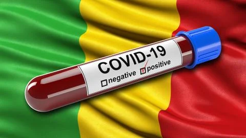 Flag of Mali waving in the wind with a positive Covid-19 blood test tube. 3D 스톡 일러스트