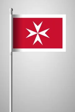Flag of Malta. Version with Maltese Cross. National Flag on Flagpole. Isolate Stock Illustration