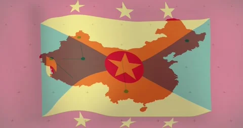 Flag-like map panel rippling and revealing green markers and connector lines for 库存影片 332295967