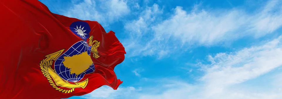 Flag of Marine Corps at cloudy sky background on sunset, panoramic view. Peop Stock Illustration
