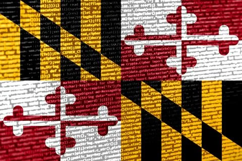Flag of Maryland over digital code. Concept of cybersecurity, innovation, a.. Illustration