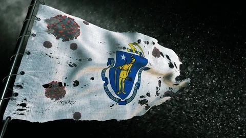 The flag of Massachusetts is torn and marked with the virus of covid-19 . Stockbeeldmateriaal 127198356
