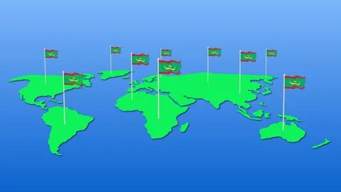 Flag of Mauritania wavy on earth map Stock Illustration