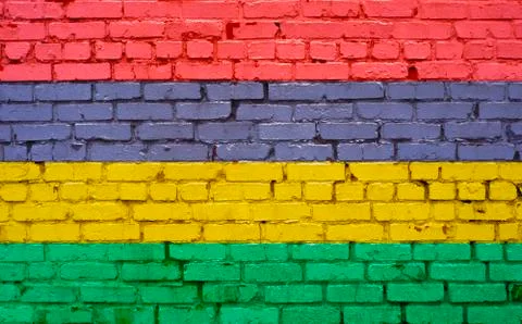 Flag of Mauritius painted on brick wall, background texture 스톡 사진