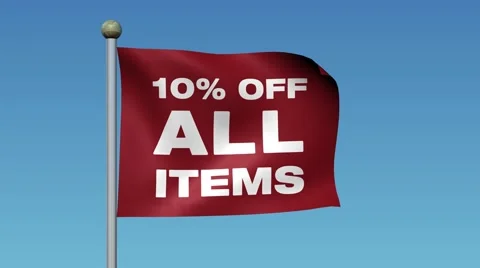 Flag With Message "10% OFF ALL ITEMS" Waving Against Blue Sky. 库存影片 59670507
