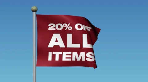 Flag With Message "20% OFF ALL ITEMS" Waving Against Blue Sky. 库存影片 59670481