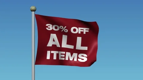 Flag With Message "30% OFF ALL ITEMS" Waving Against Blue Sky. 库存影片 59670442