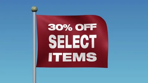 Flag With Message "30% OFF SELECT ITEMS" Waving Against Blue Sky. 库存影片 59670552