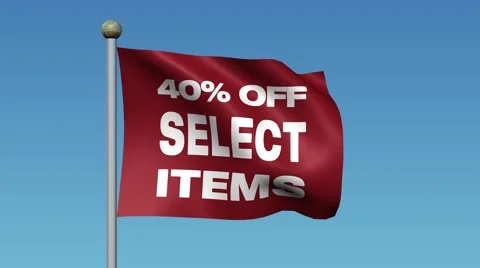 Flag With Message "40% OFF SELECT ITEMS" Waving Against Blue Sky. 库存影片 59670560