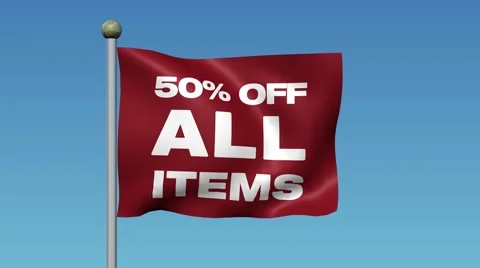 Flag With Message "50% OFF ALL ITEMS" Waving Against Blue Sky. 库存影片 59670524