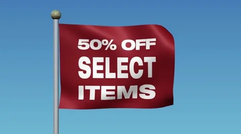 Flag With Message "50% OFF SELECT ITEMS" Waving Against Blue Sky. 库存影片 59670566