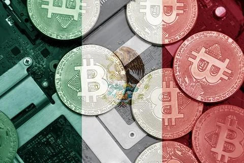 Flag of mexico on the bitcoins with computer electronic circuit board backgro Stock Photos
