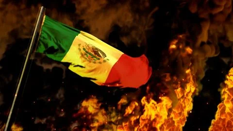 Flag of Mexico on burning fire bg - hard times concept - abstract 3D rendering Illustrazione stock