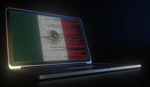 Flag of Mexico made with computer code on the laptop screen. Hacking or Stock Illustration
