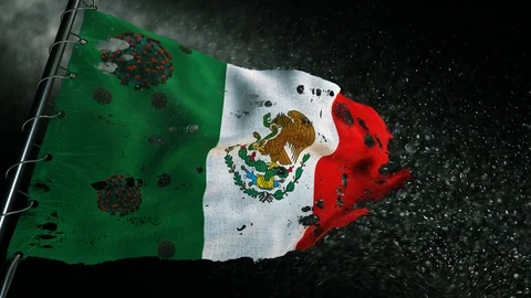 The flag of Mexico is torn and marked with the virus of covid-19 . Stockbeeldmateriaal 127198371