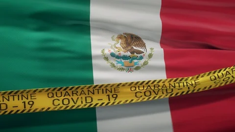 Flag of Mexico waving on wind with Covid-19 quarantine tape Stock Footage 127742331