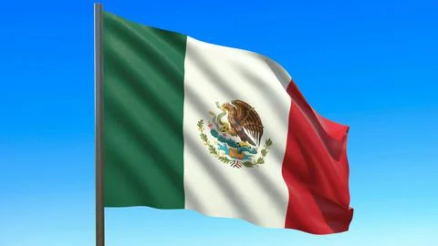 Flag of Mexico waving in the wind on flagpole against the sky 3d-rendering イラスト素材