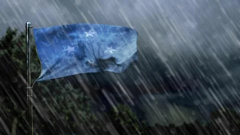 Flag of Micronesia with rain and dark clouds, tornado forecast symbol Illustrazione stock