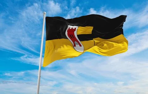 Flag of Moers at cloudy sky background on sunset, panoramic view. Federal Rep Stock Illustration