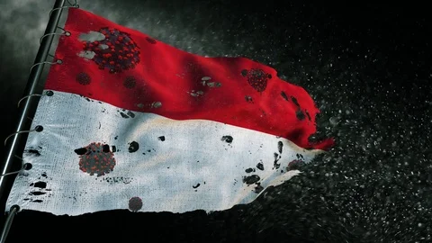 The flag of Monaco is torn and marked with the virus of covid-19 . Stockbeeldmateriaal 127198384