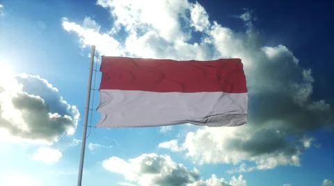 Flag of Monaco waving at wind against beautiful blue sky. 3d rendering Stock Illustration