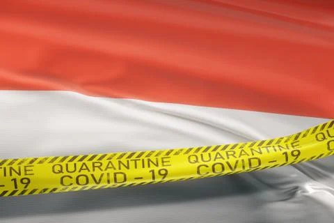 Flag of Monaco waving on wind Covid-19 tape quarantine Stock Illustration