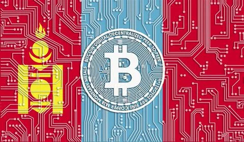 Flag of Mongolia and bitcoin, Integrated Circuit Board pattern. Bitcoin Stock 스톡 일러스트
