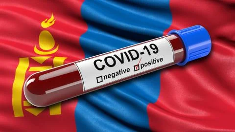Flag of Mongolia waving in the wind with a positive Covid-19 blood test tube. Illustrazione stock