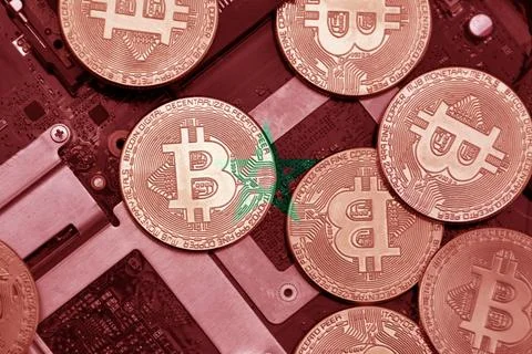 Flag of morocco on the bitcoins with computer electronic circuit board back.. Stock-Fotos