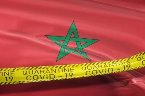 Flag of Morocco waving on wind Covid-19 tape quarantine Stock Illustration