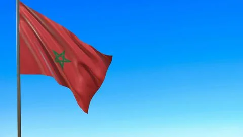 Flag of morocco waving in the wind on flagpole against the sky 3d-rendering Illustrazione stock