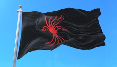 Flag moving in blue sky of the spanish party Falange Española de la JONS Stock Illustration