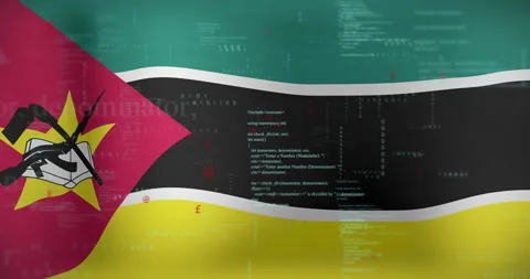 Flag of Mozambique appearing undulating while code streams scrolling to Stock Footage 314790320