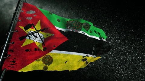 The flag of Mozambique is torn and marked with the virus of covid-19 . Stockbeeldmateriaal 127198534