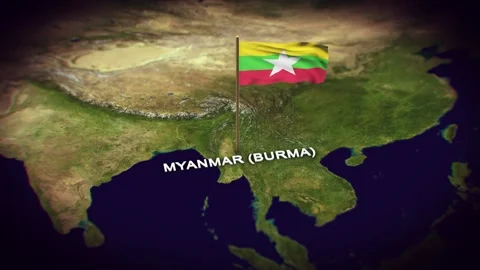 The Flag of Myanmar (Burma) on the World Map, Myanmar map with flag 3d animation Stock Footage 289639566