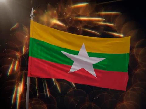 Flag of Myanmar with fireworks display in the background Stock Illustration