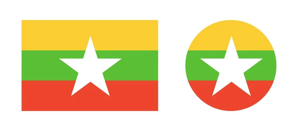 Flag of Myanmar flat icons. Round, rectangular national flag of Myanmar Stock Illustration