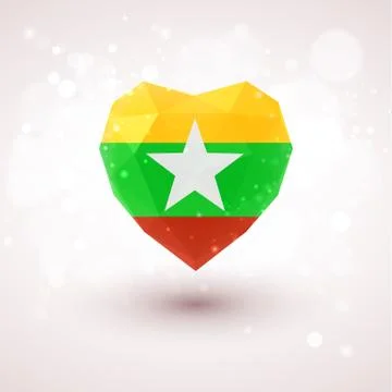 Flag of Myanmar in shape diamond glass heart. Triangulation style 스톡 일러스트